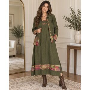 CM Shapes Womens 2 Piece Dress Set Olive Green Patchwork Rayon Boho Large